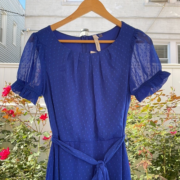 NY Collection - Blue Short Sleeve Belted Swiss Dot Dress - Medium - Picture 4 of 14